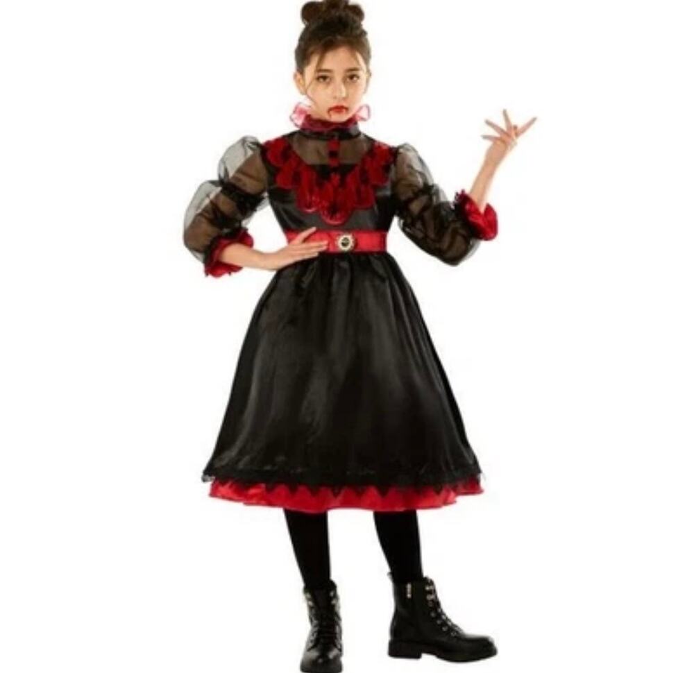 Victorian Vampire Halloween Costume Girls Sz L 10/12 Black Red Dress Morph NEW